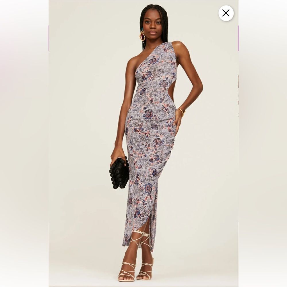 New MISA Los Angeles Aries Dress feathered floral one shoulder draped maxi L
